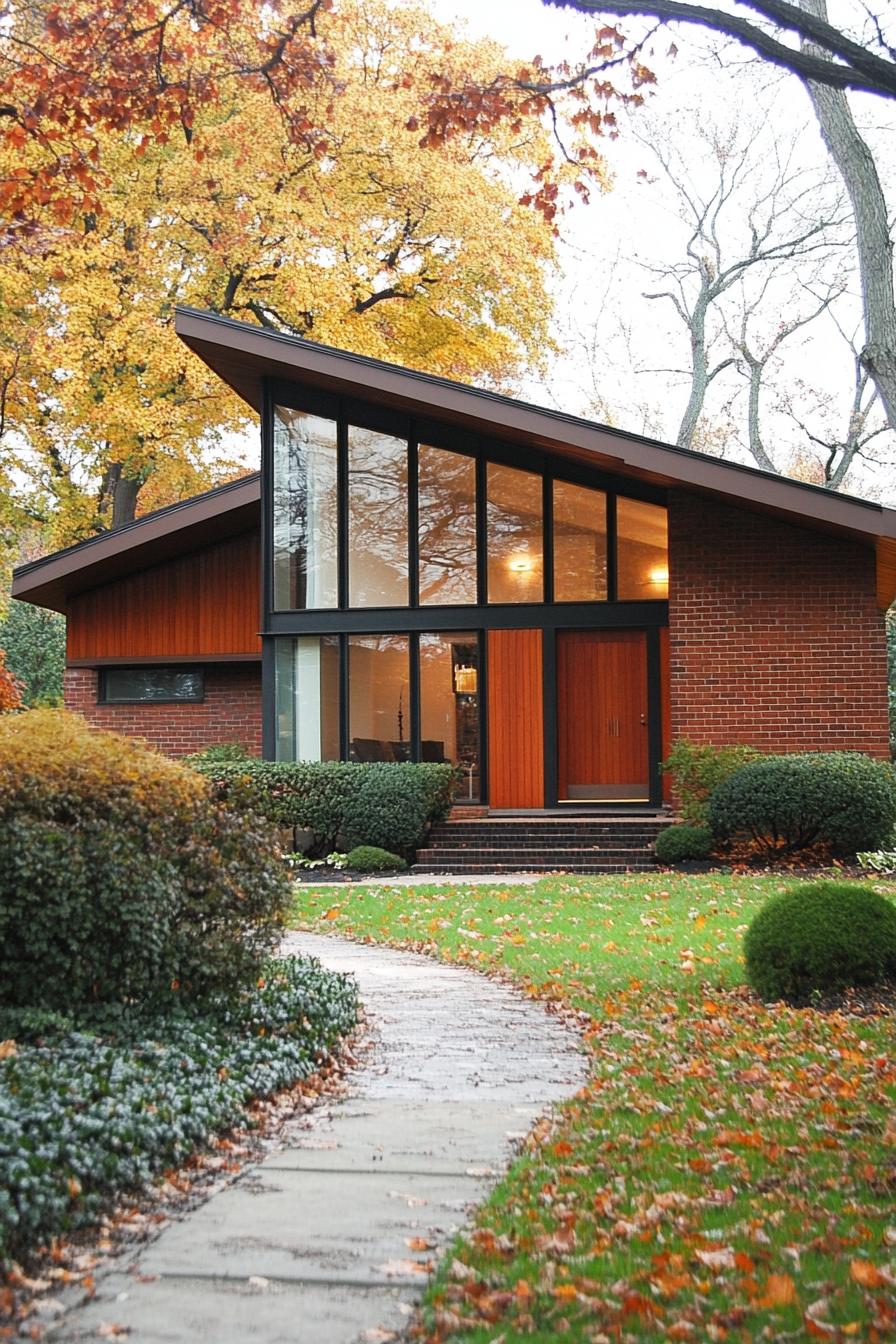 Small house with large glass windows under autumn trees