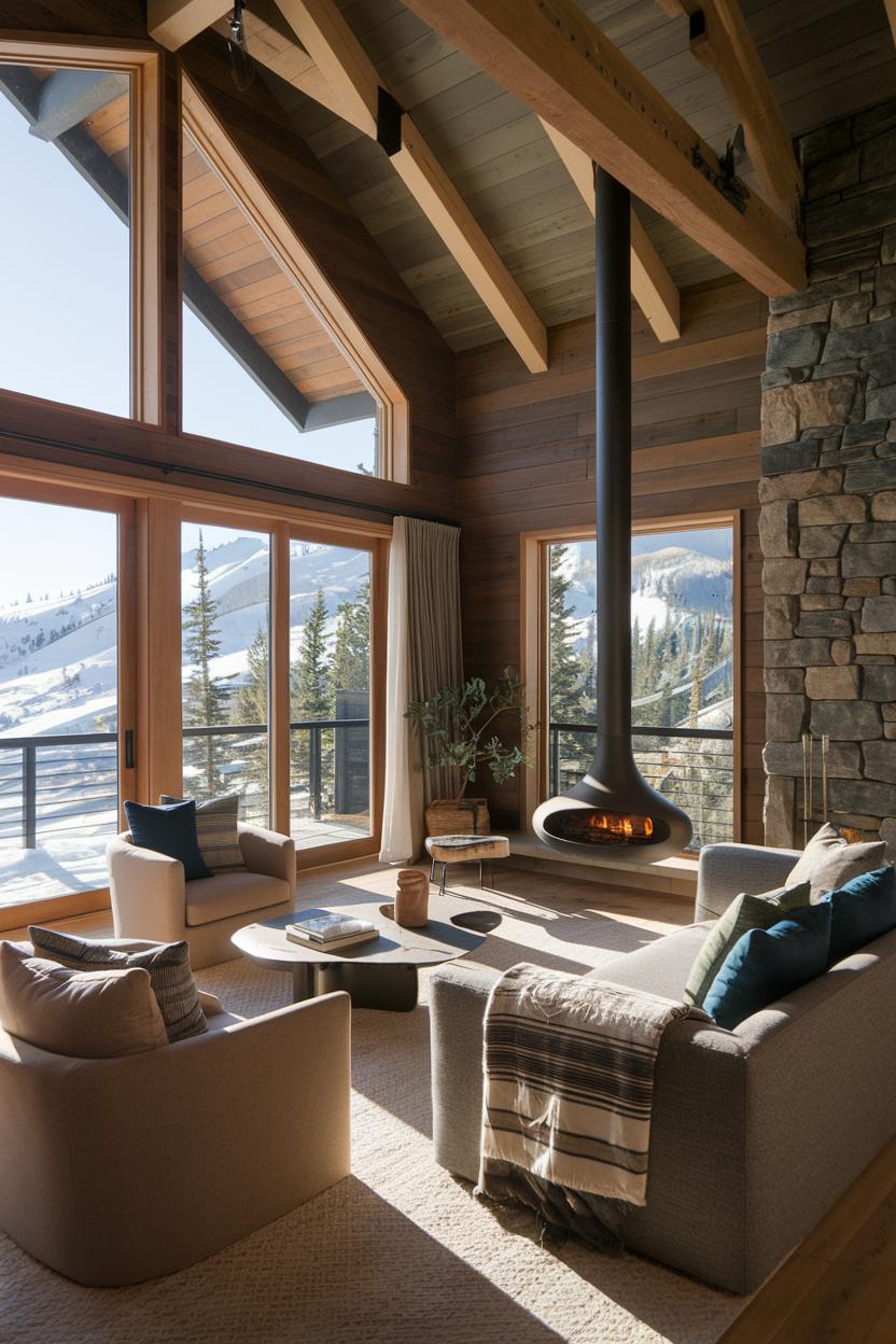 Modern cabin interior with large windows and a stone fireplace