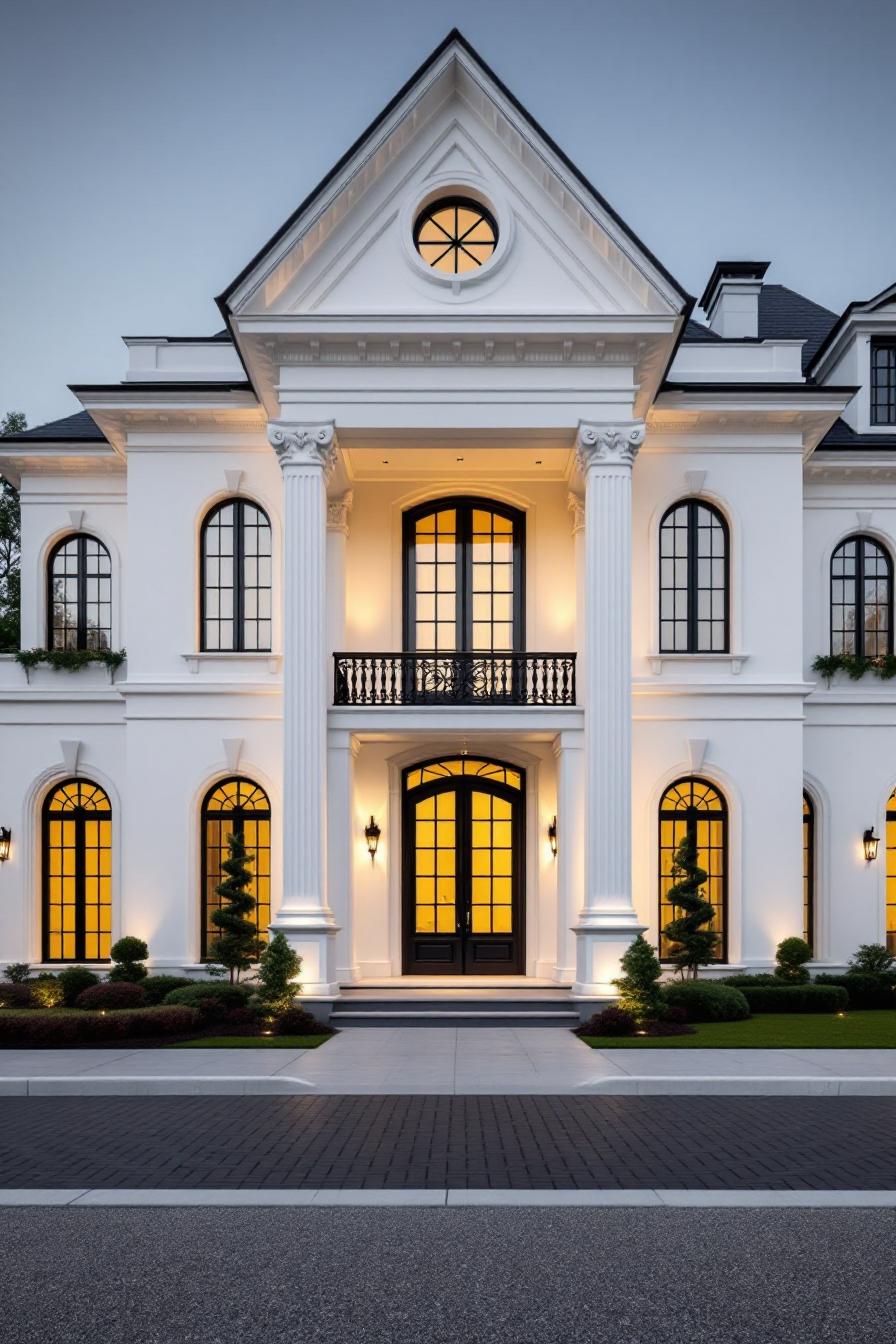 Grand white mansion with columns and arched windows