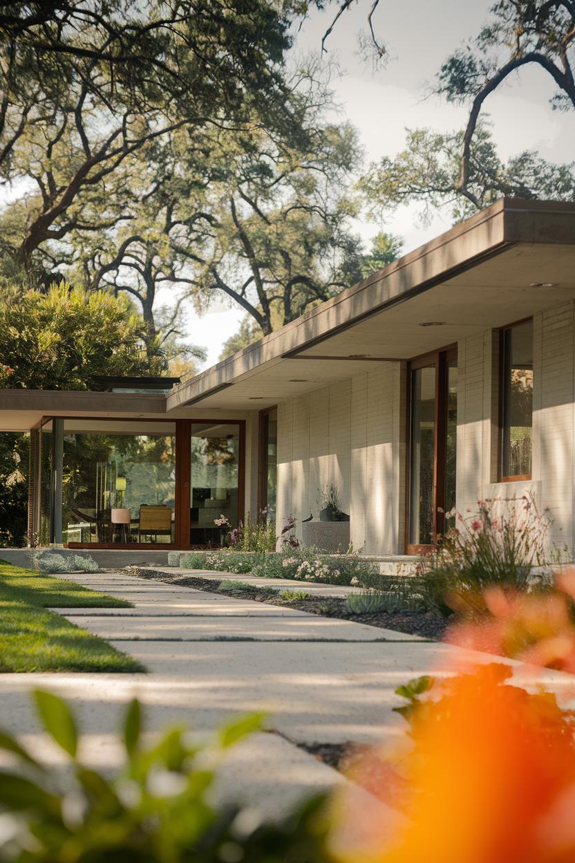 Elegant mid-century ranch house surrounded by lush greenery and modern pathways