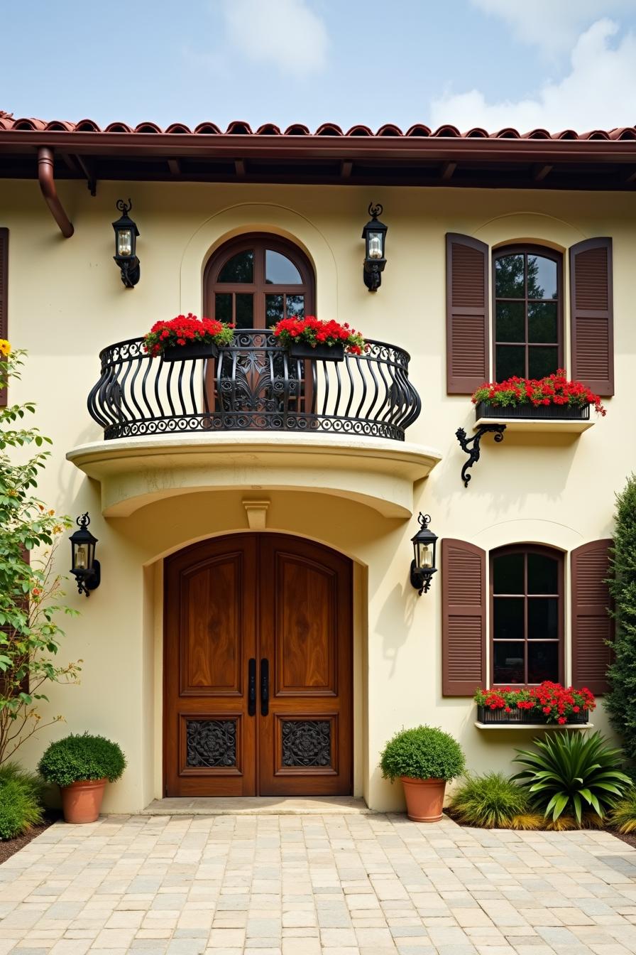 Italian farmhouse entrance with balcony and flower boxes