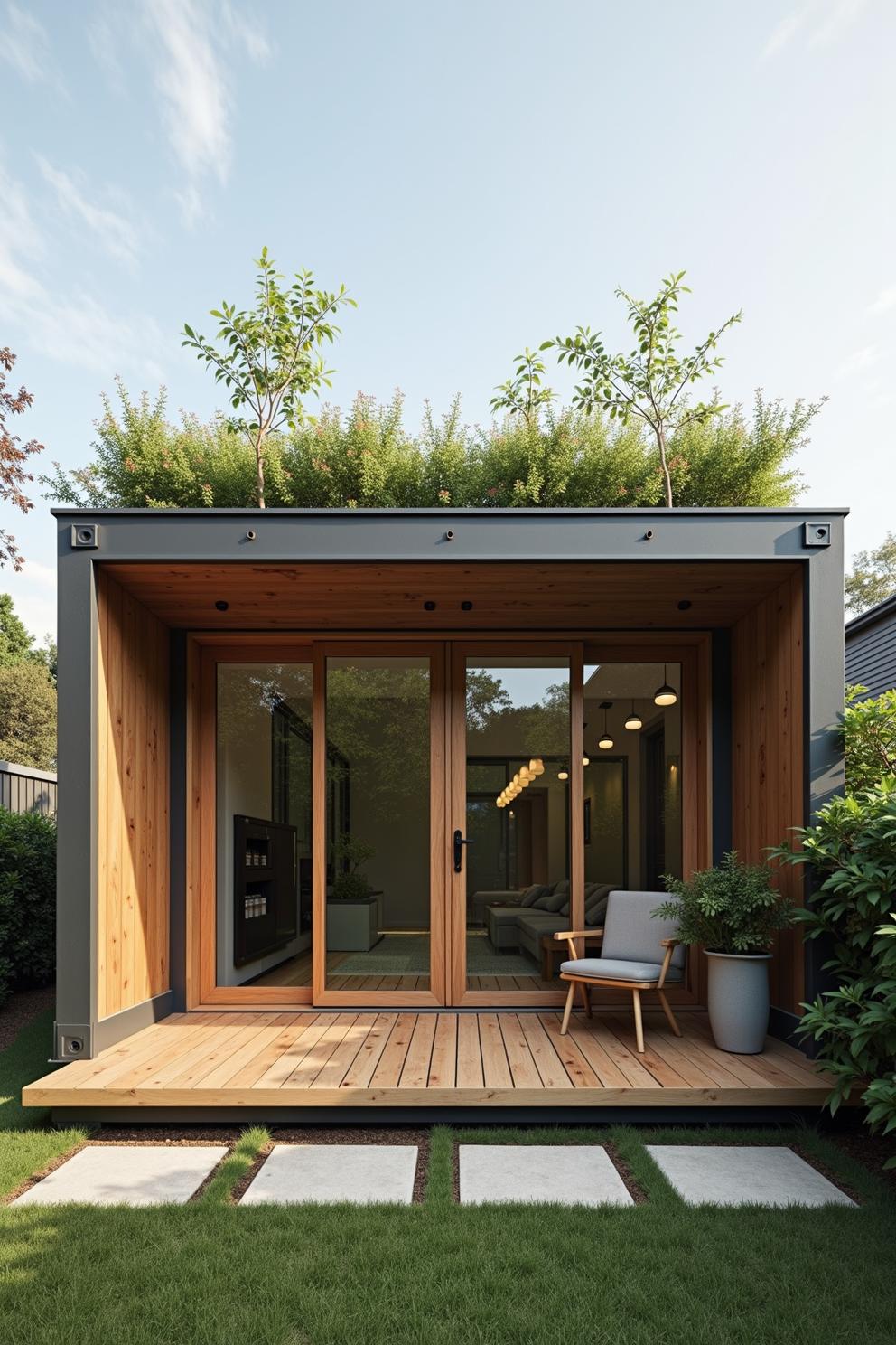 Compact container house with plants on the roof