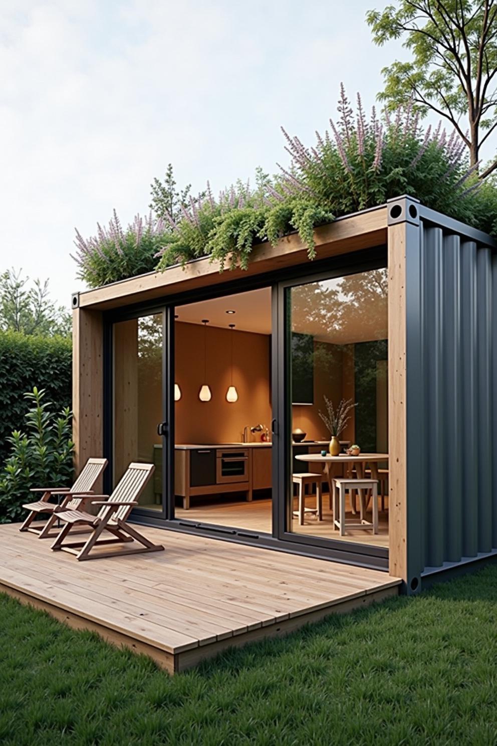 Tiny house with a lush rooftop garden, wooden deck, and glass doors