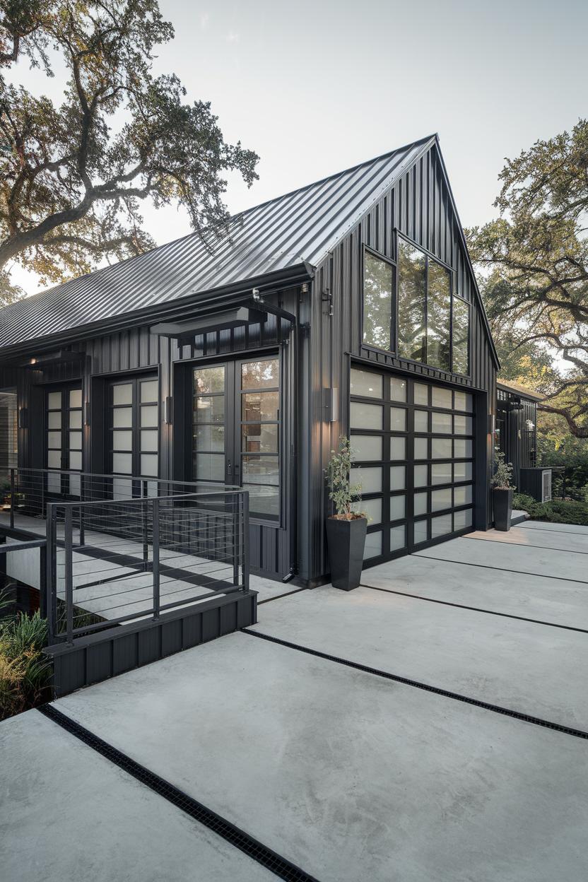 Sleek black garage house with large windows and steel finishes