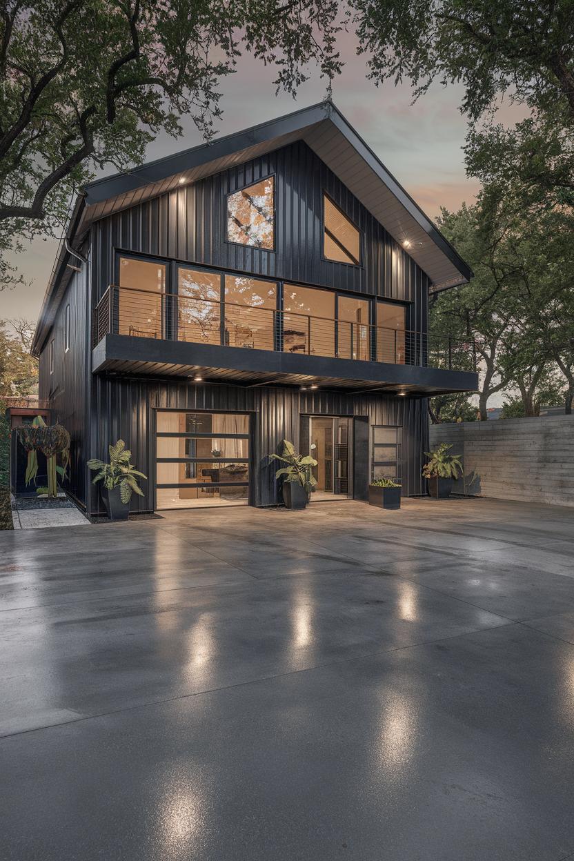 Modern garage house with a sleek design under evening sky