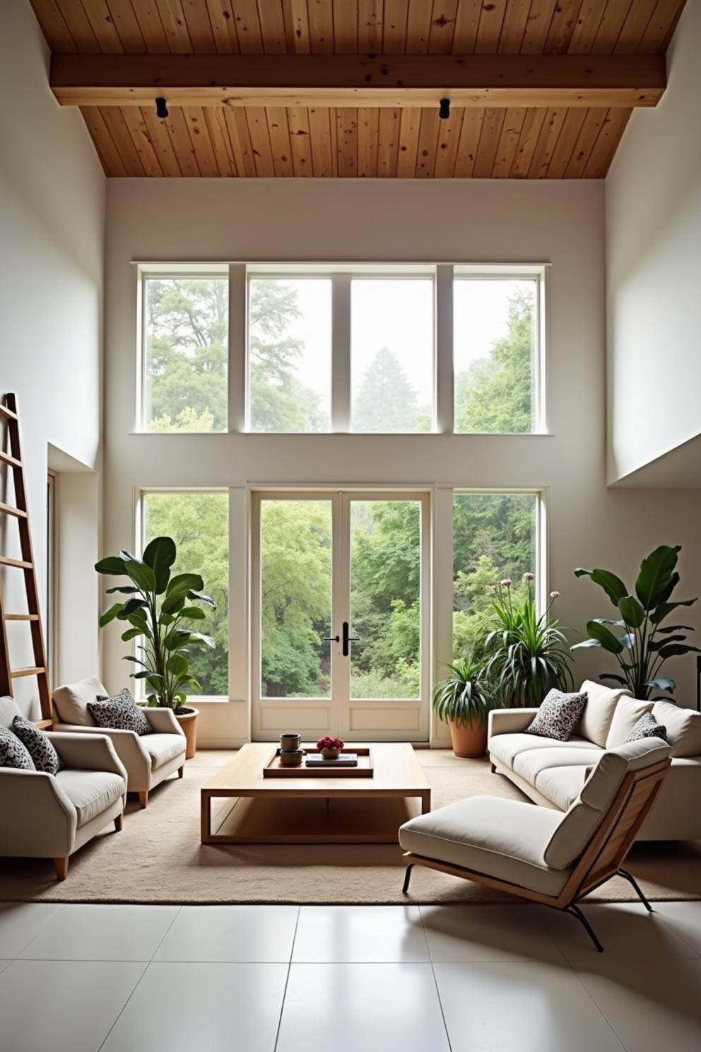 Bright loft living area with tall windows