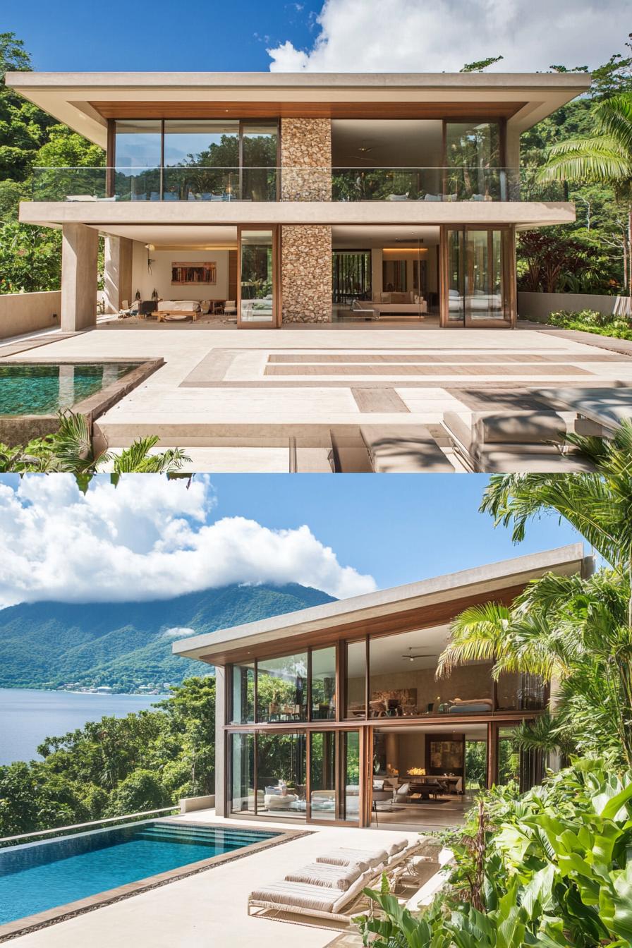 Modern villa with large glass windows and pool, surrounded by lush greenery and mountain view