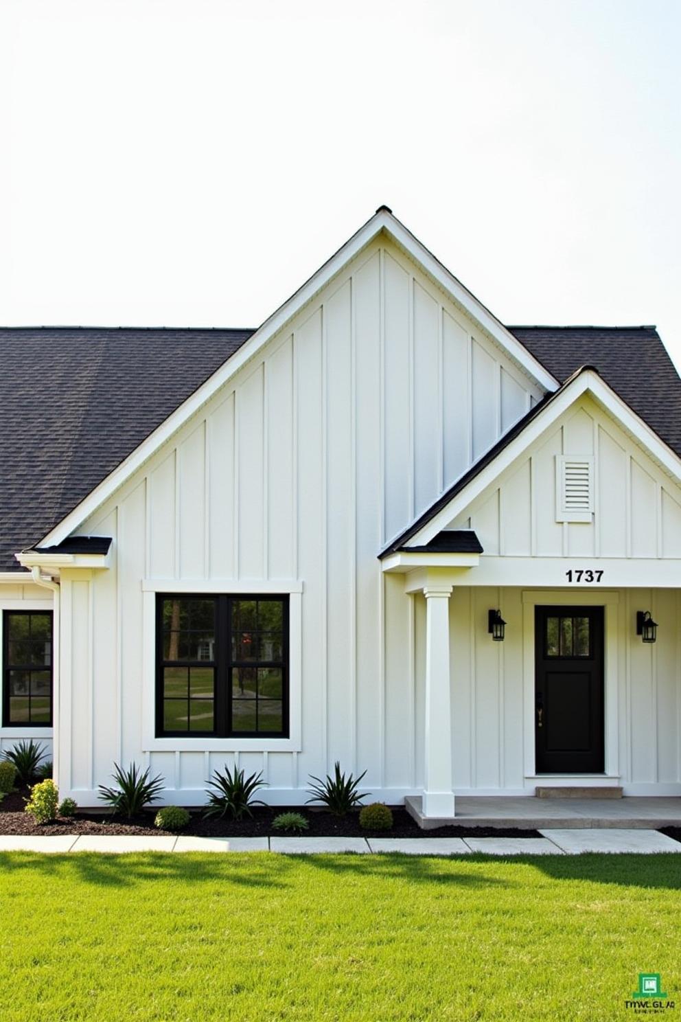 Charming white ranch-style house with black accents