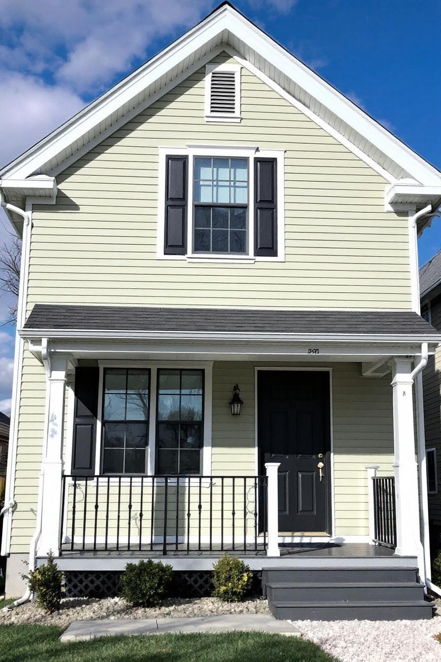 Compact house with pale green siding and black shutters