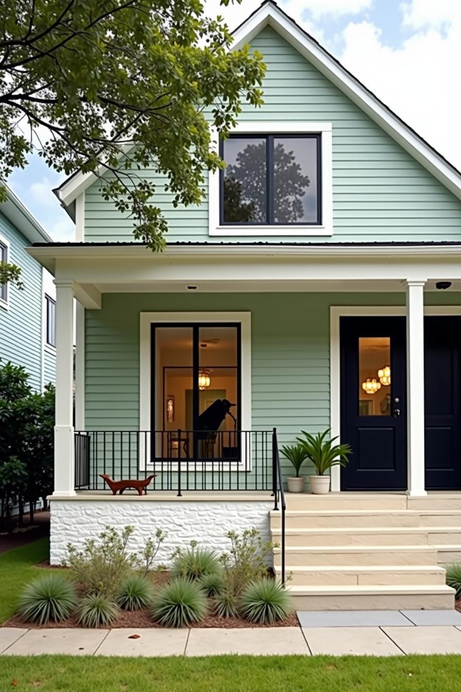 Charming house with mint green siding and a cozy porch