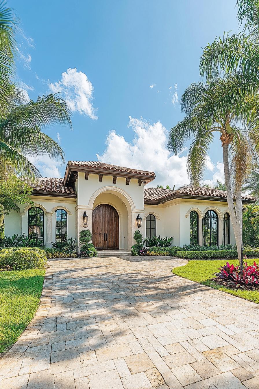 Modern bungalow with palm trees and arched door