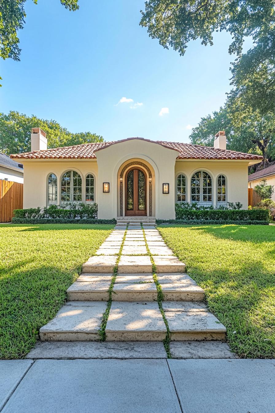 Modern bungalow with arched windows and terracotta roof