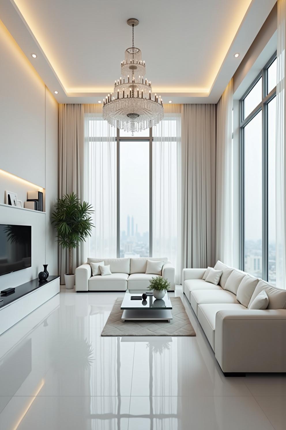 Elegant living room with a grand chandelier and floor-to-ceiling windows