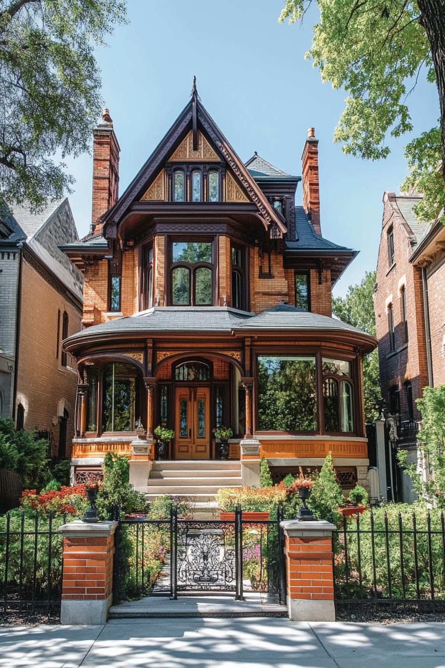 Elegant Victorian house with intricate brickwork and rounded veranda