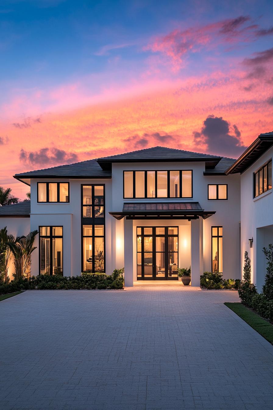 Luxurious colonial-style house with vibrant sunset backdrop