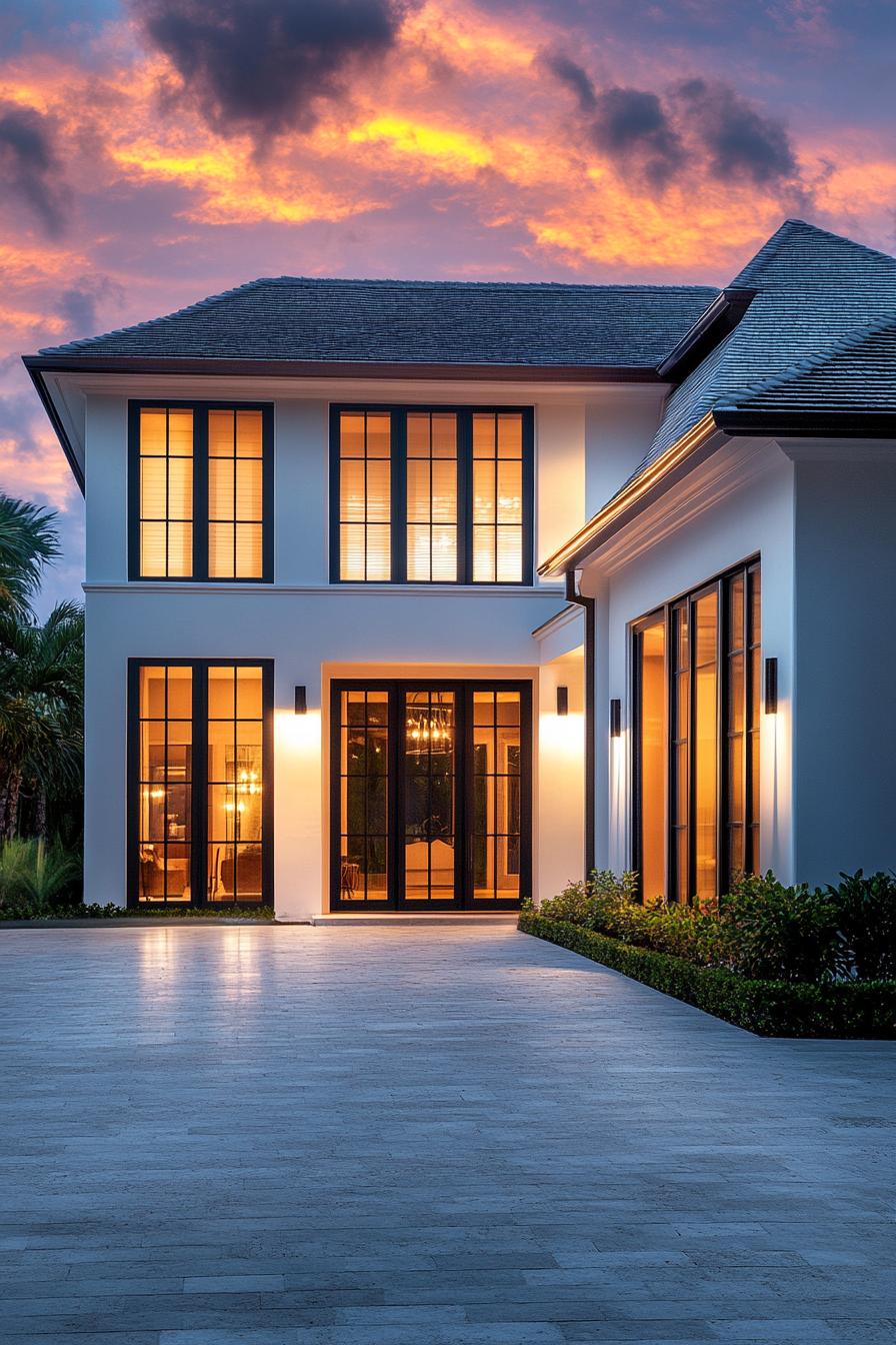 Colonial-style house at sunset with glowing windows