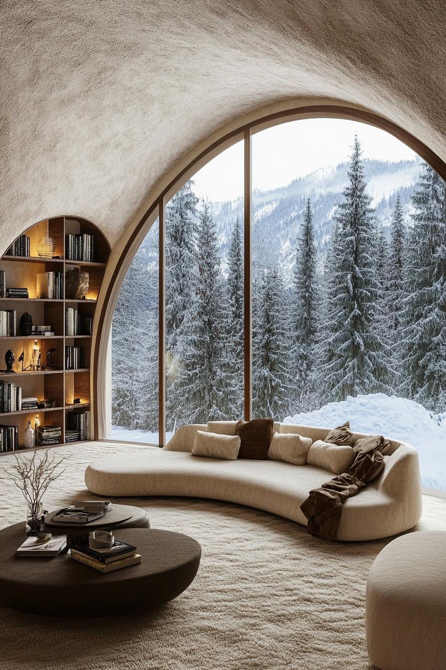 Luxurious curved penthouse with a snowy forest view