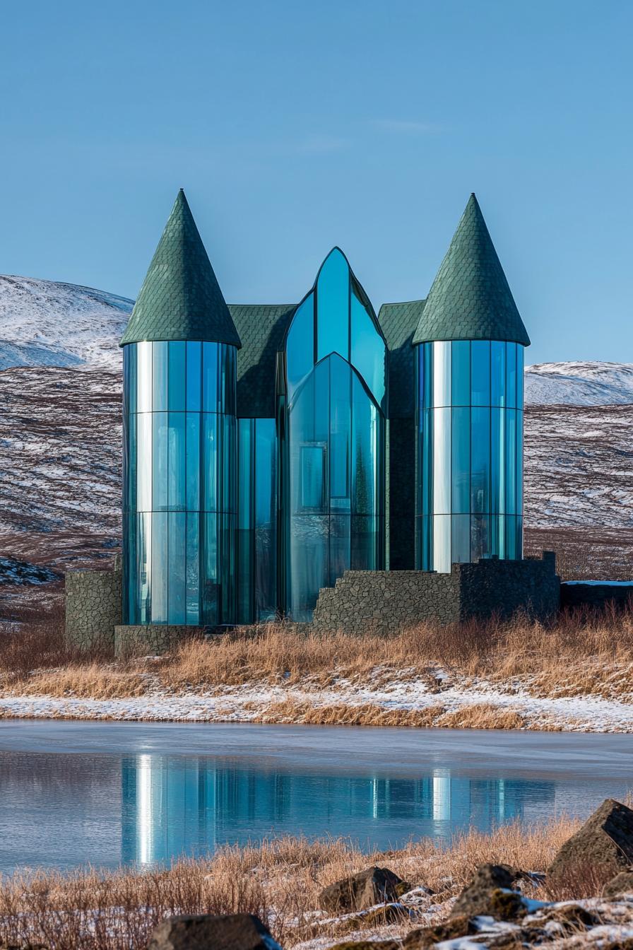 Modern glass castle beside a frozen lake