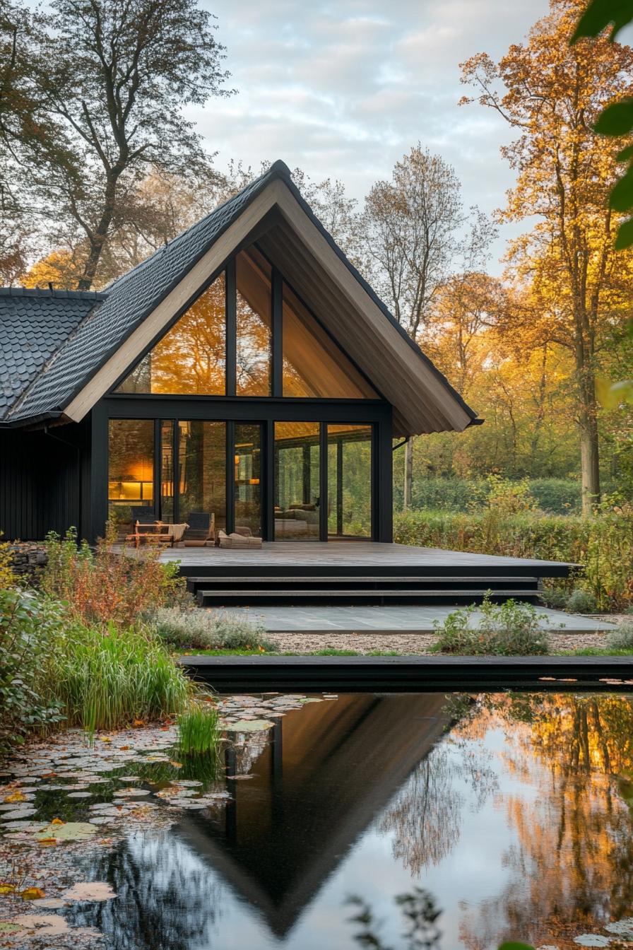 A-Frame cabin by a reflective pond surrounded by autumn trees