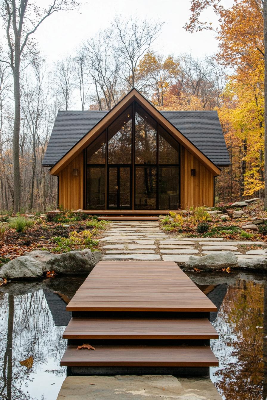 modern rustic forest cottage with a traditional wooden facade showcases a broad gabled roof that complements its rural setting. The building utilizes 2