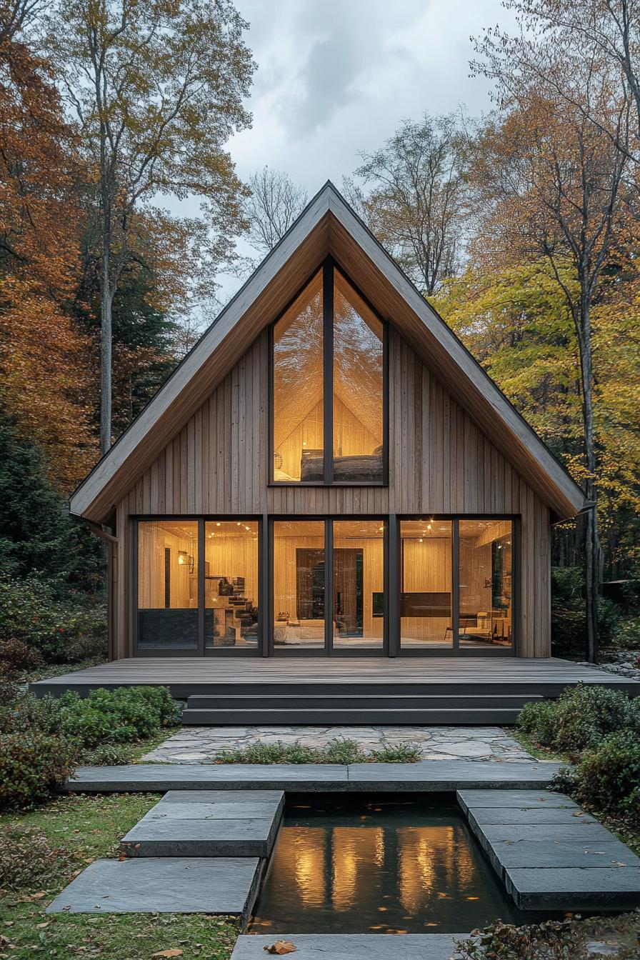 Cozy A-frame cabin with illuminated interior