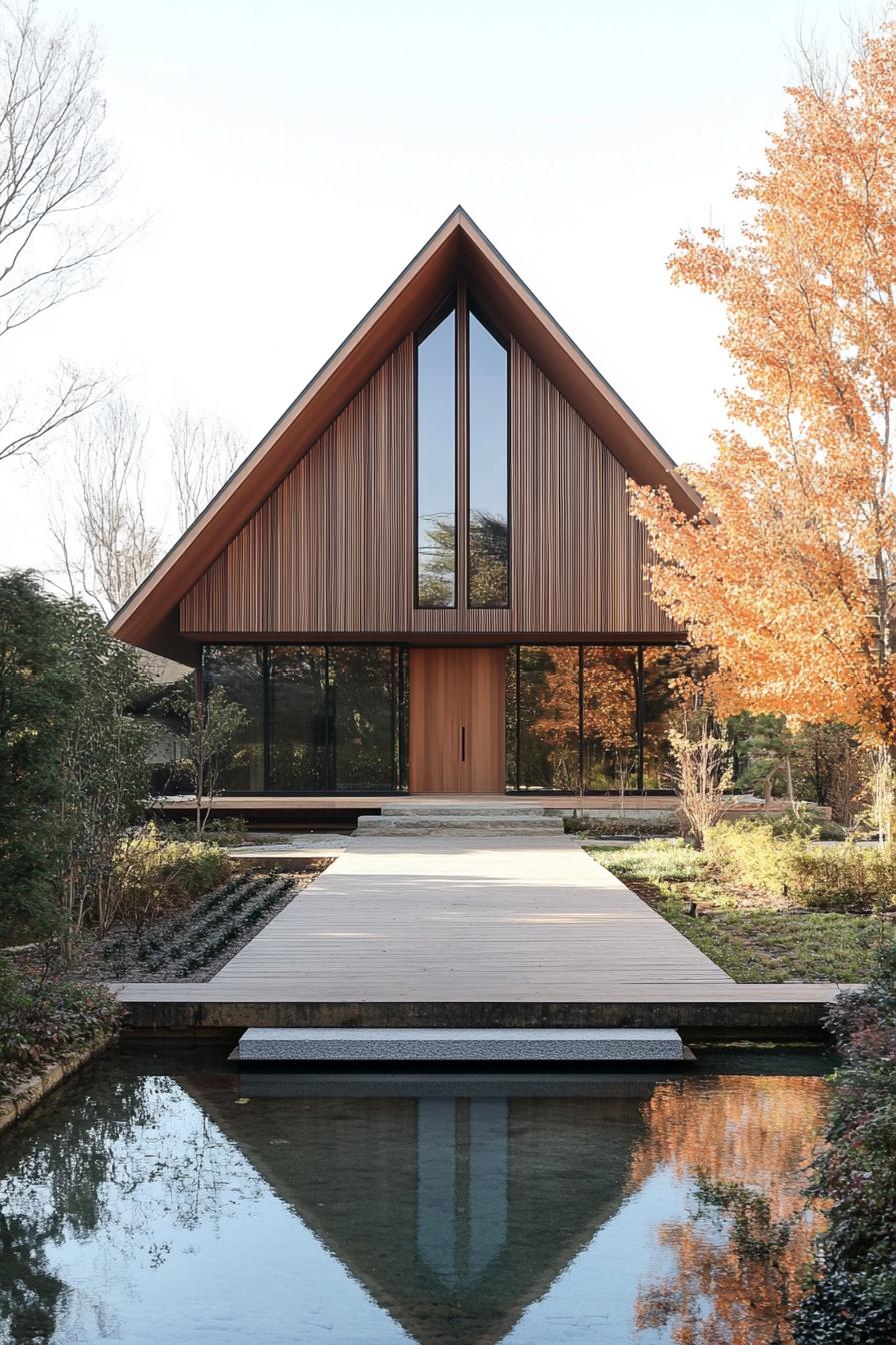 Elegant wooden A-frame cottage with large windows and a mirrored pond