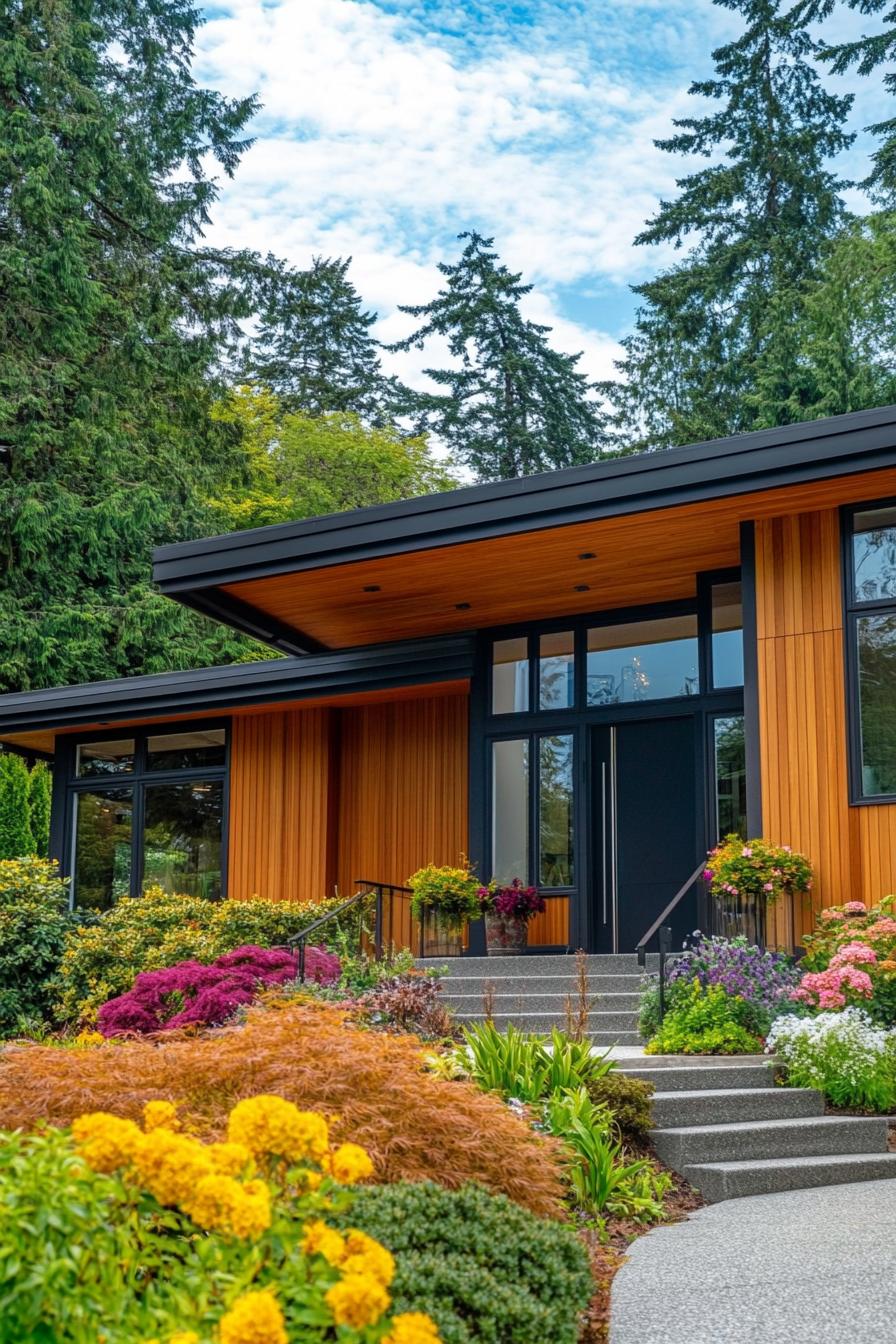 Modern house with wooden panels surrounded by vibrant foliage