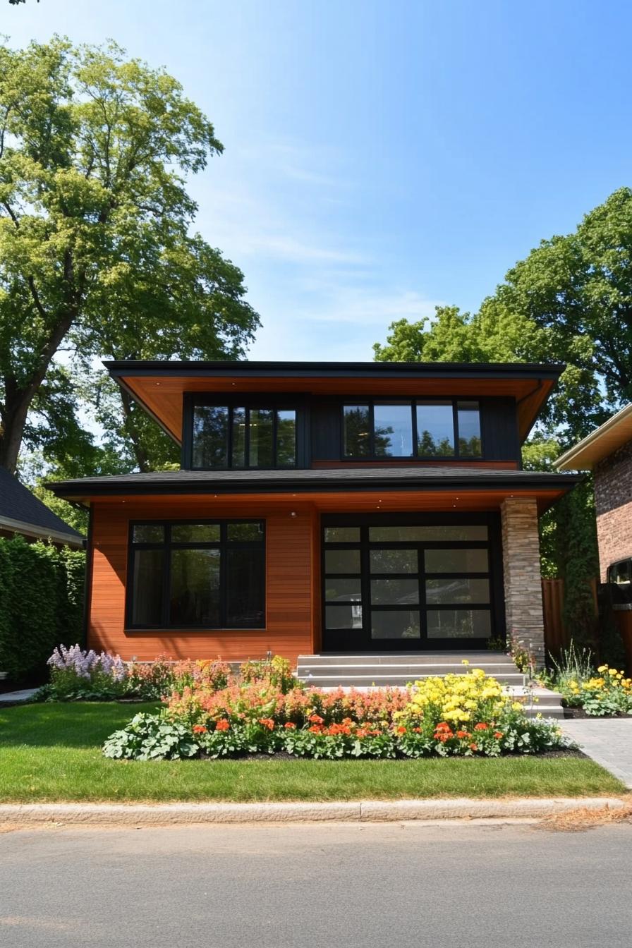 Modern suburban house with wood paneling and lush garden