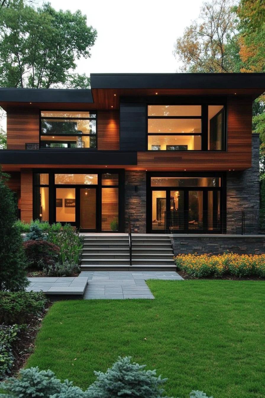 Modern house with large windows and wooden accents