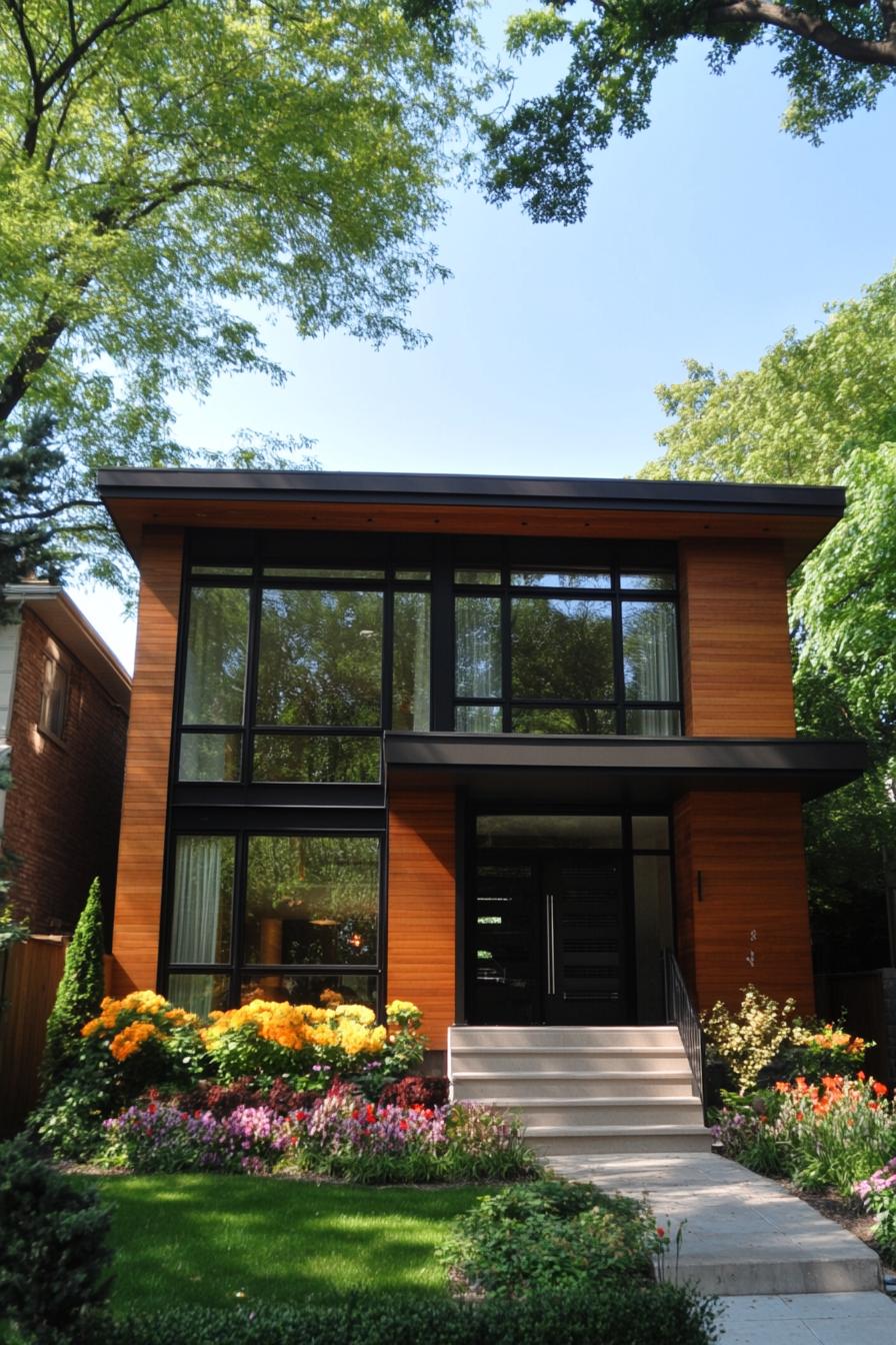 Contemporary house with wooden panels and large windows