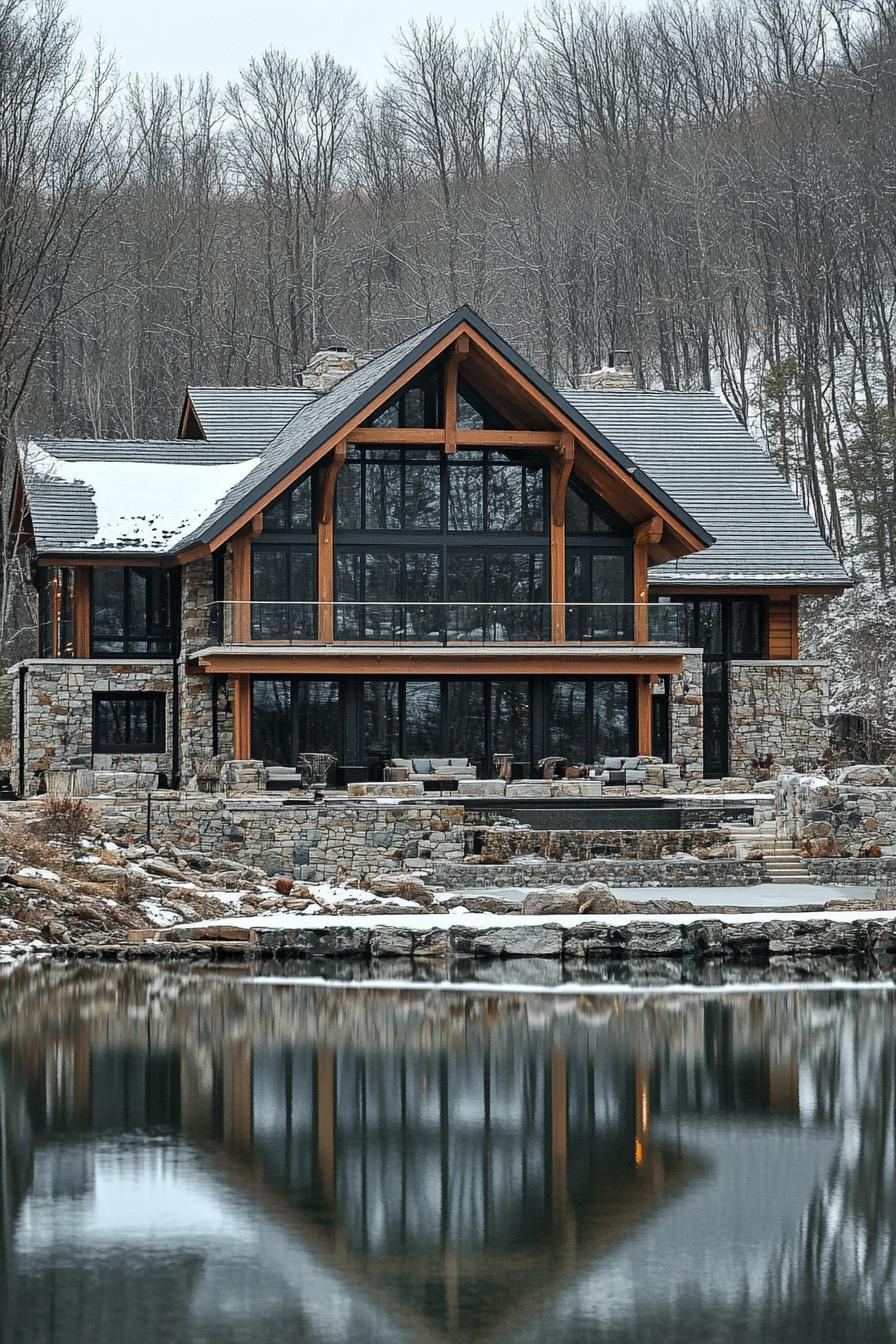 Modern chalet with stone and wood facade beside a pond