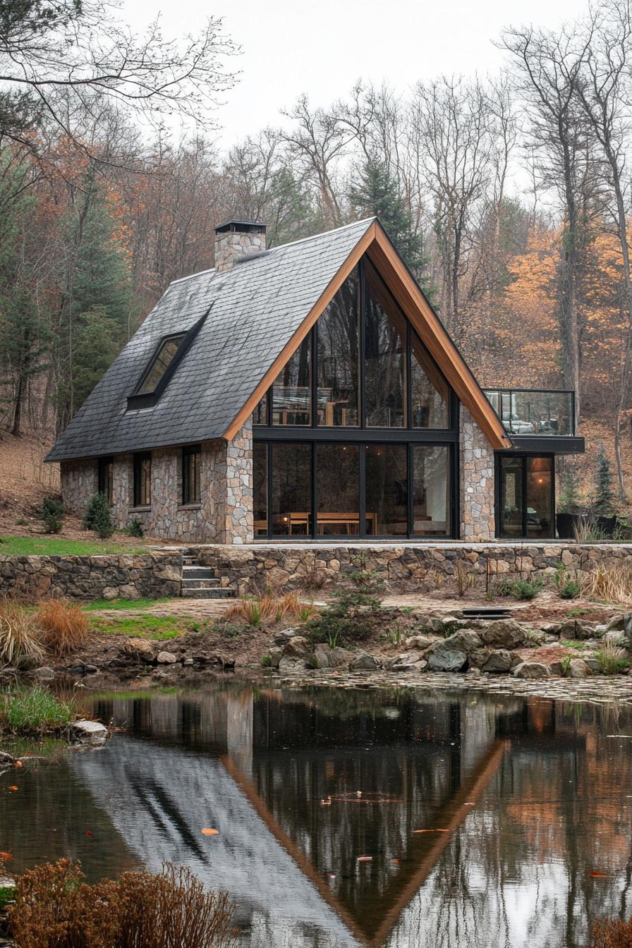 Stone cabin reflecting in a tranquil pond, embraced by trees