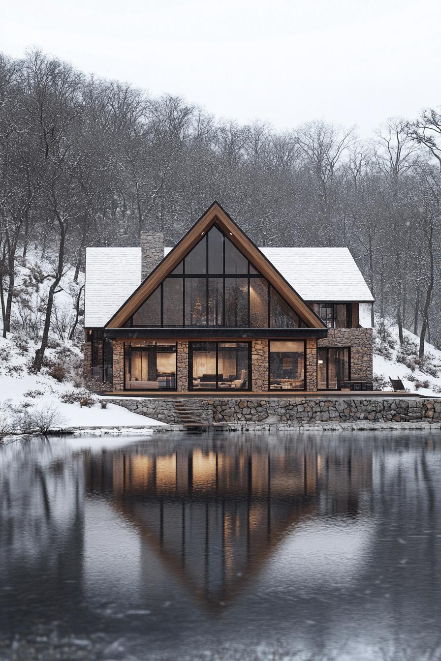 Cozy stone cabin by a lake with A-frame windows in a snowy forest