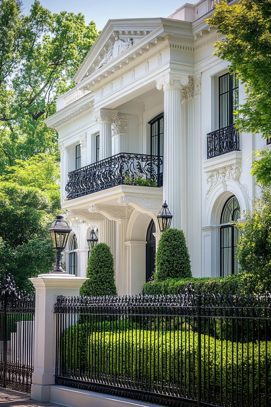 Elegant white mansion with ornate columns and wrought iron balcony