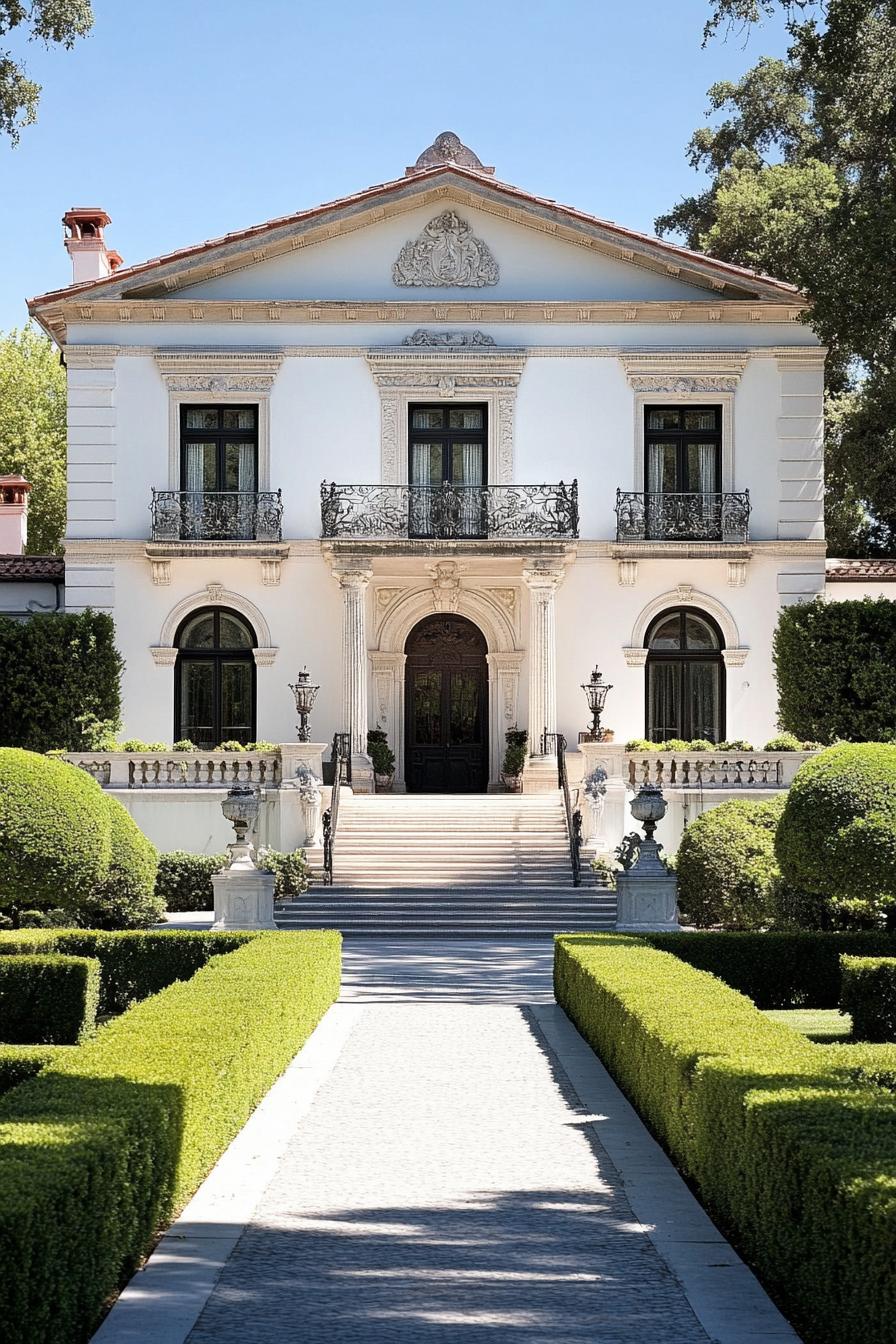 Elegant mansion with ornate detailing and lush gardens