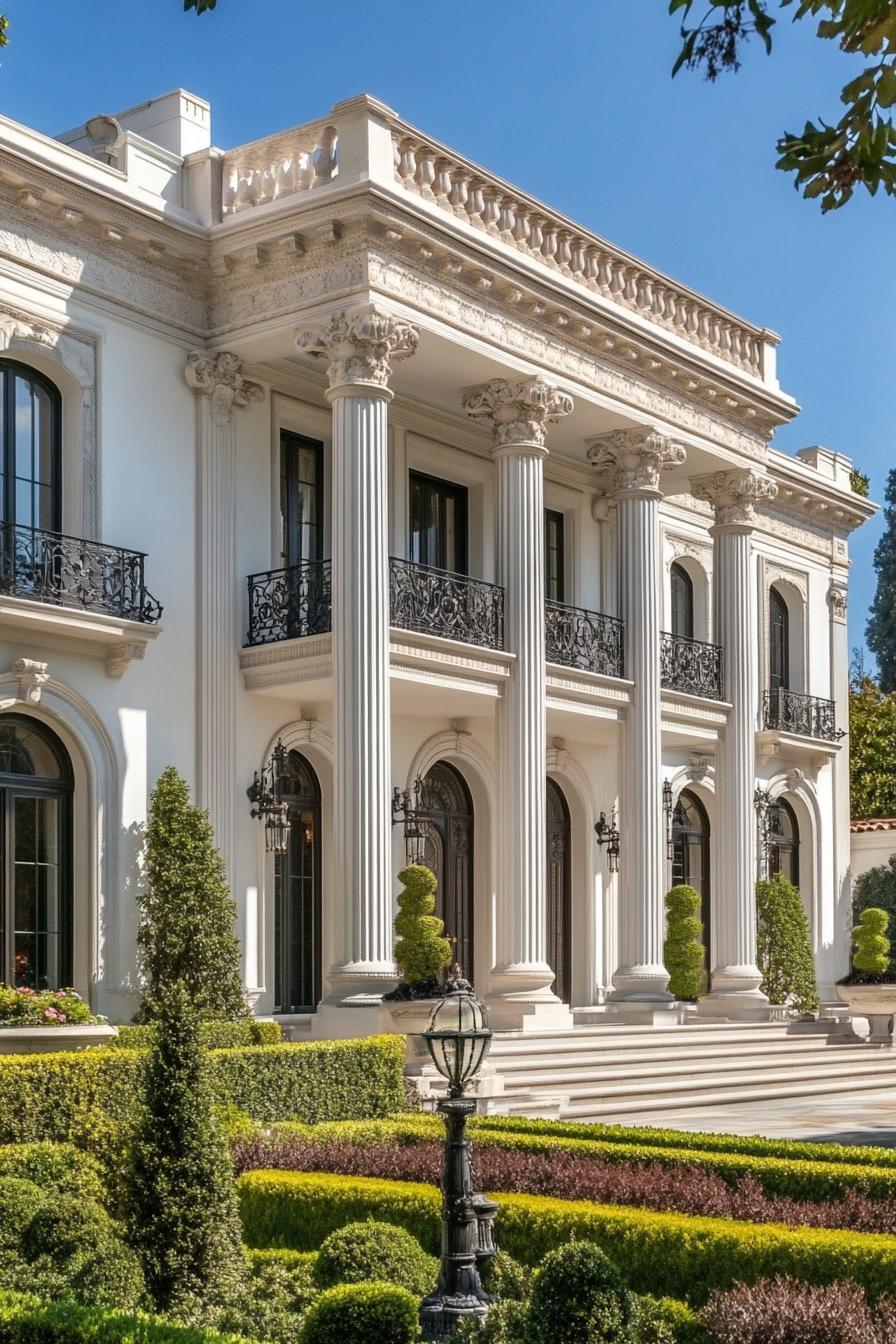 Luxurious mansion with grand columns and lush garden