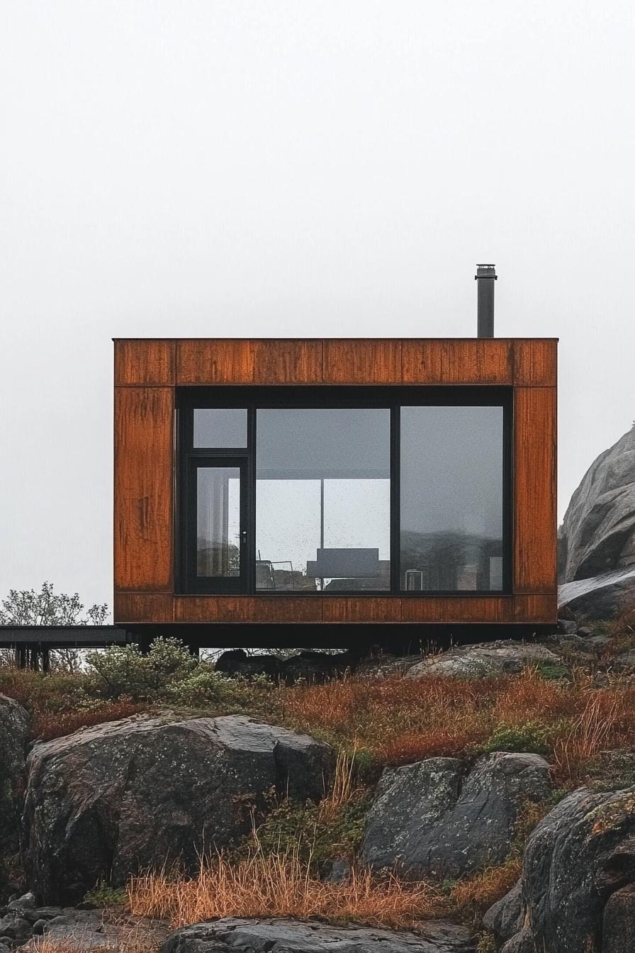 Tiny metal home perched on rocky landscape