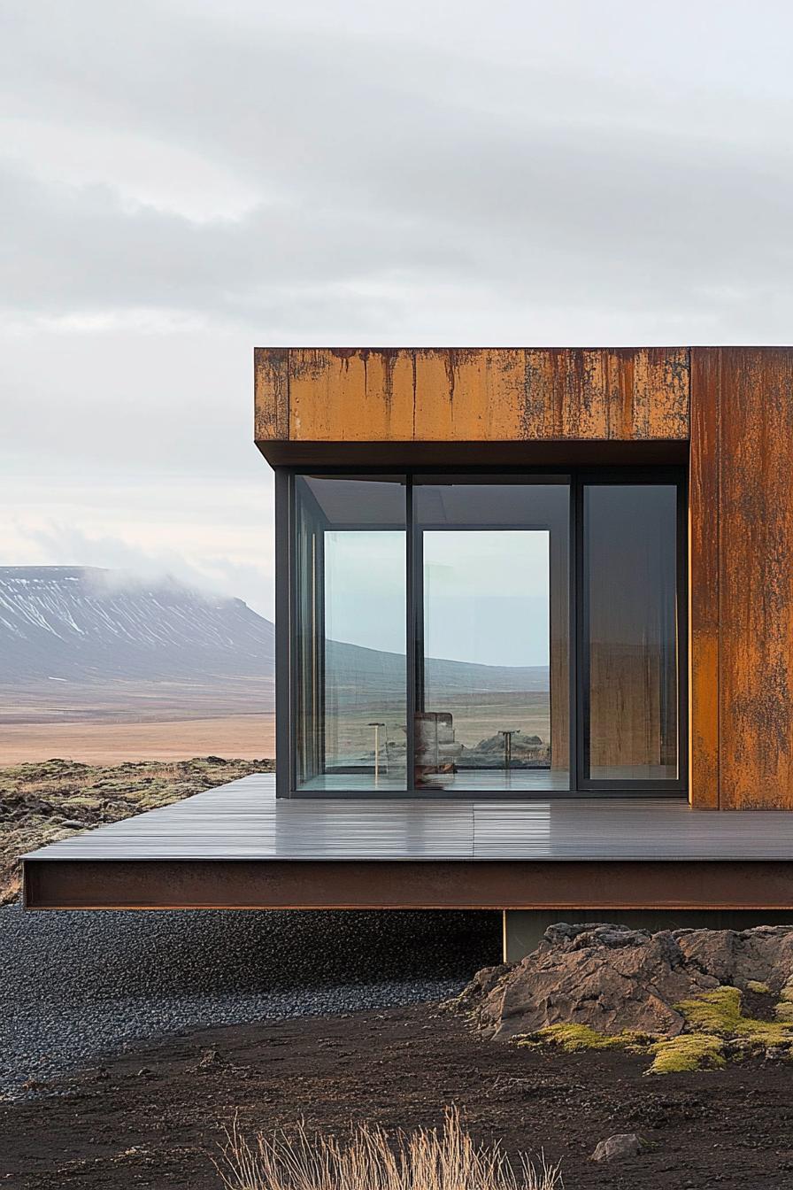 Modern metal building with rusted finish and large windows