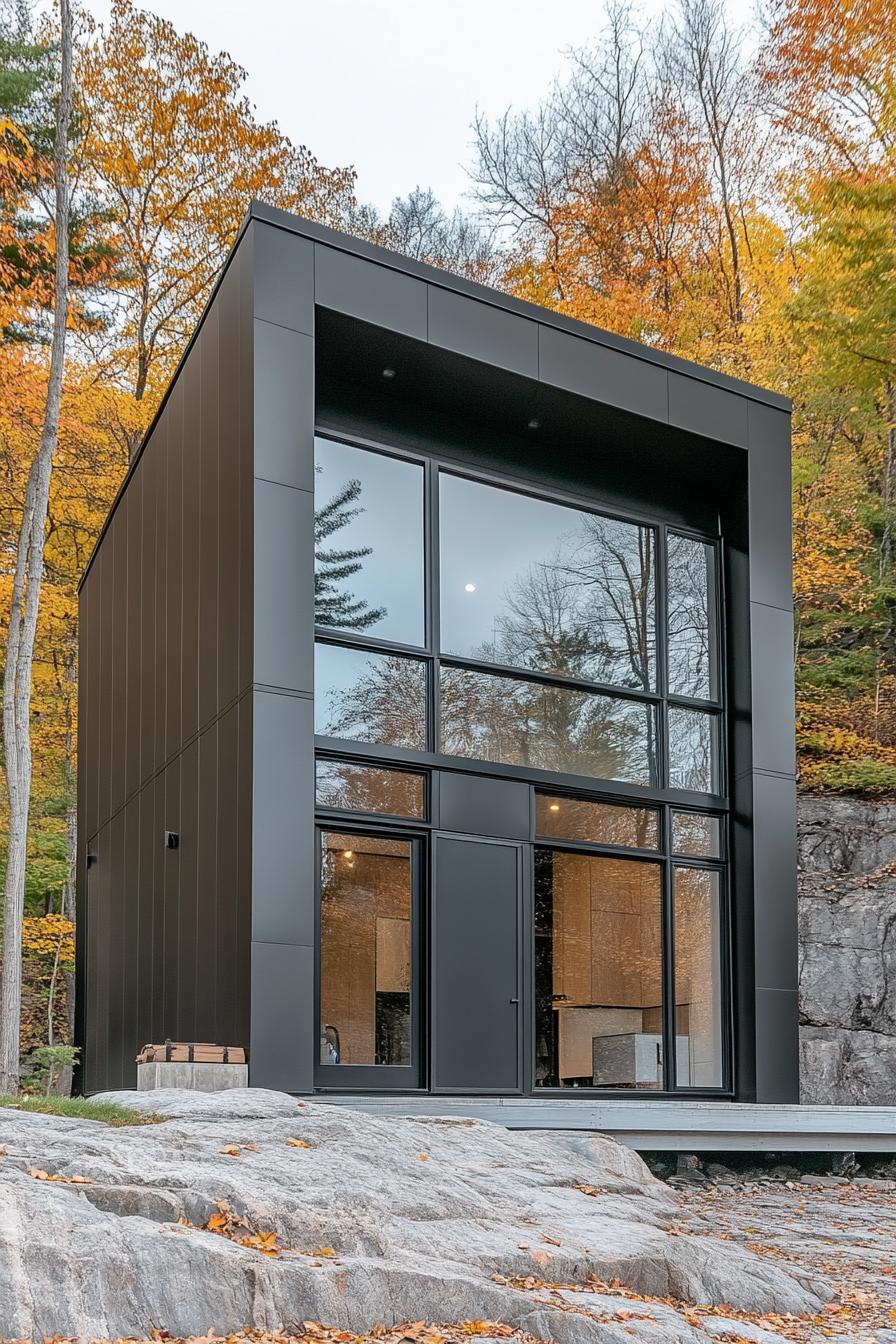 Modern tiny house with a sleek metal facade surrounded by autumn trees