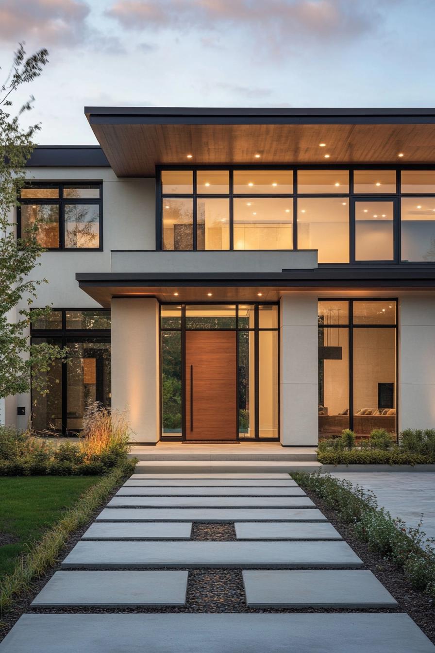 Modern house exterior with large windows and a wooden door