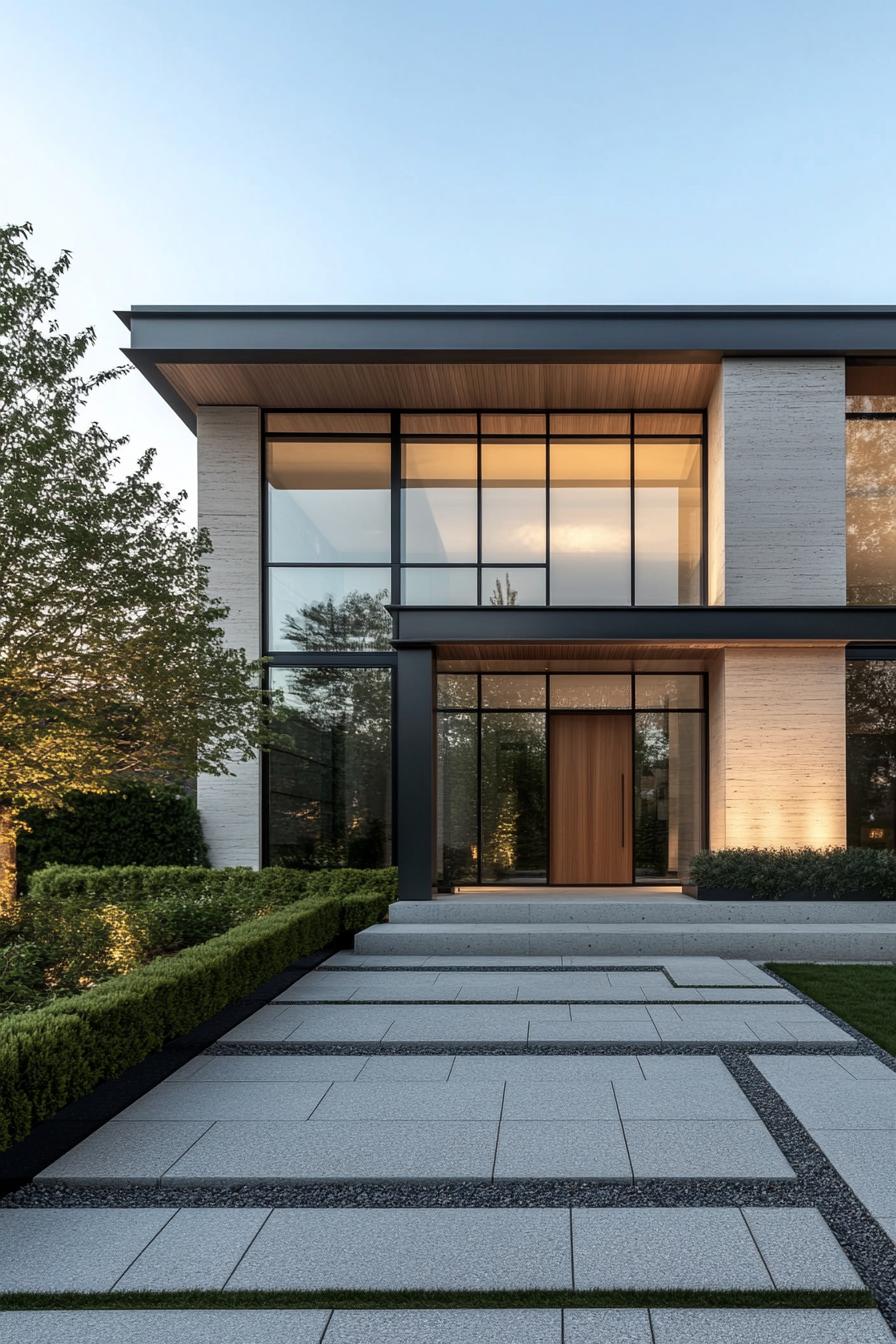 Modern house exterior with large glass windows and stone accents surrounded by greenery