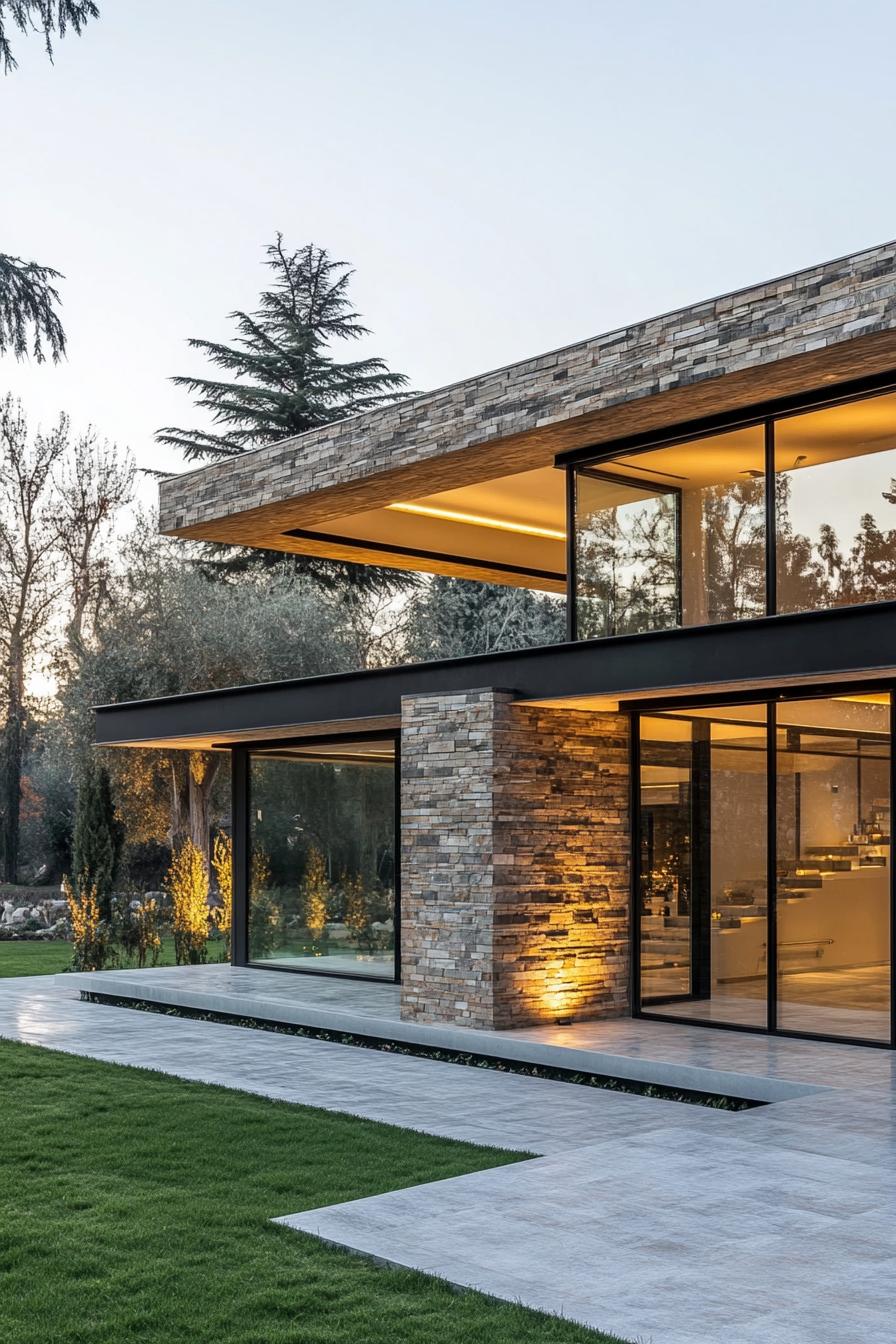 Contemporary house with stone cladding and glass windows