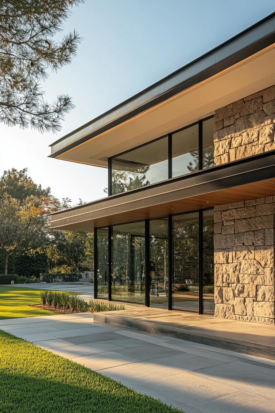 Modern two-story house with glass and stone exterior