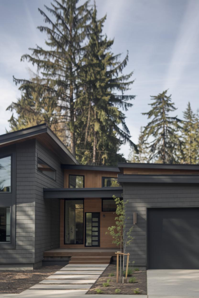 A modern garage house with sleek dark siding and large windows