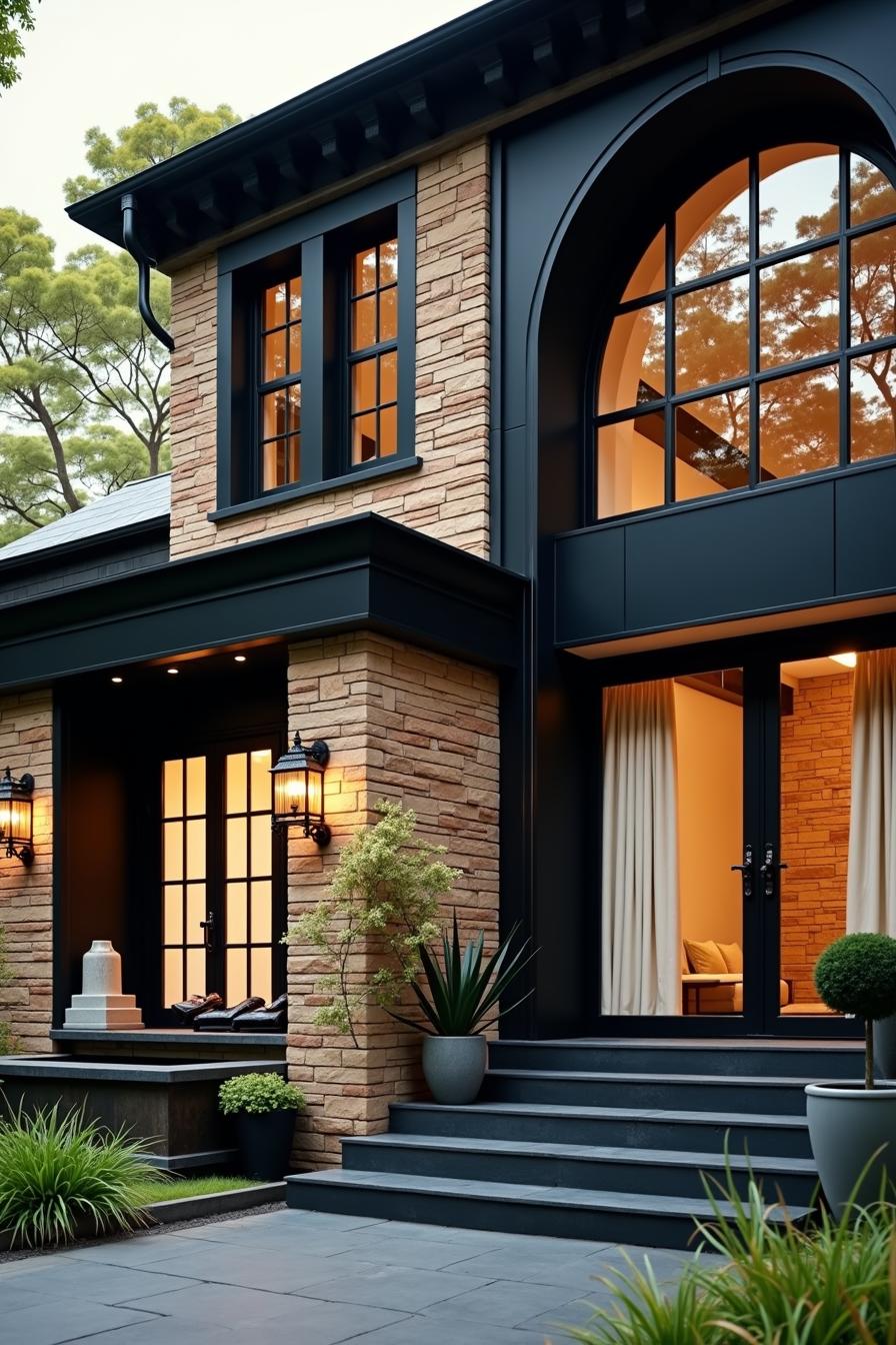 Contemporary black house with stone accents and large windows