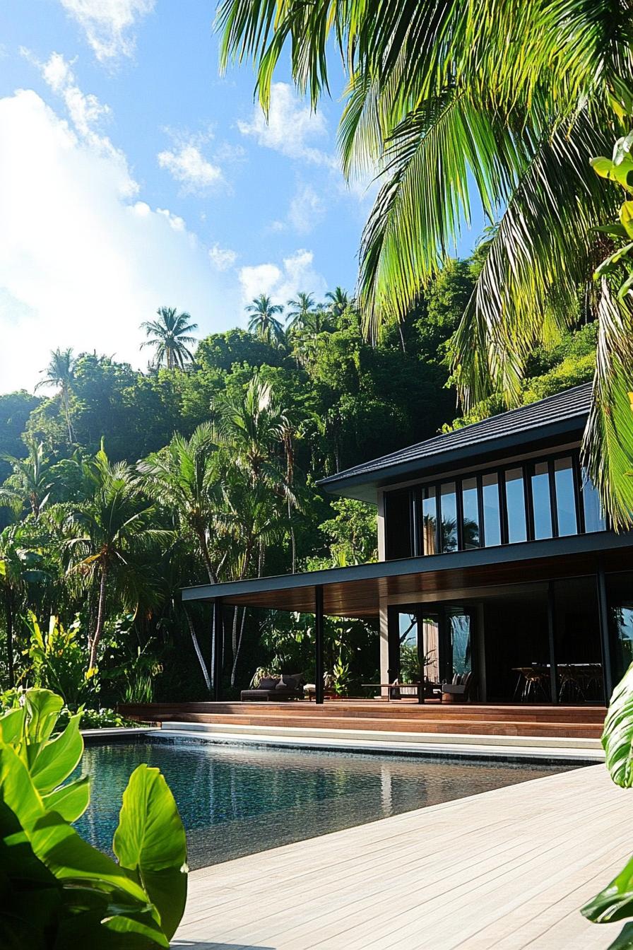 Modern tropical villa with pool and lush greenery