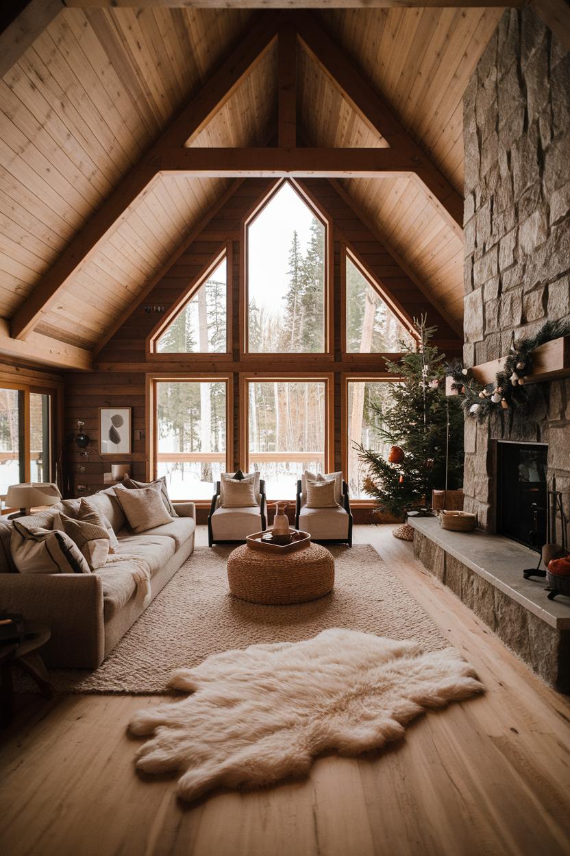 Rustic cabin interior with large windows and a soft rug