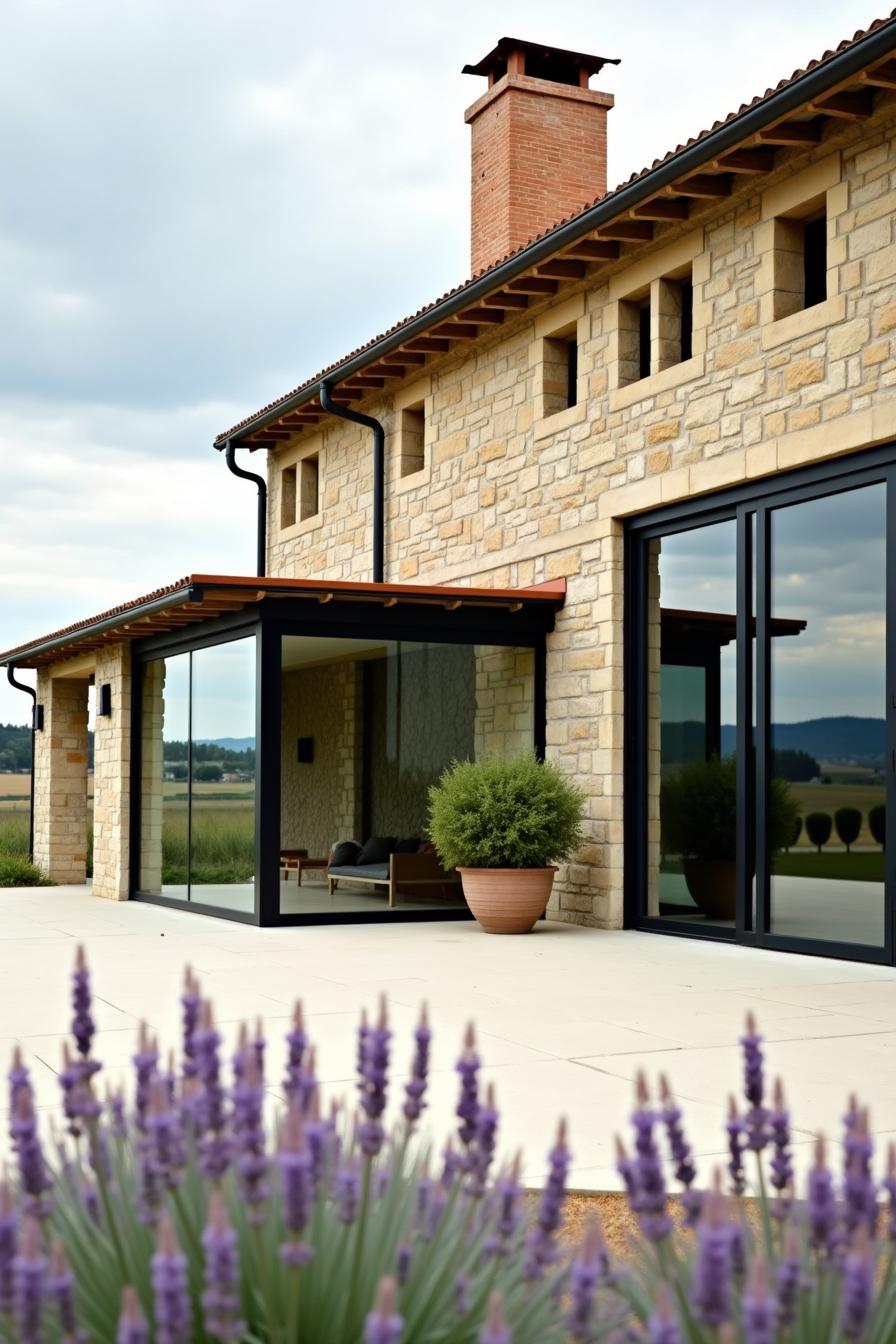 Stone farmhouse with glass doors and lavender in the foreground