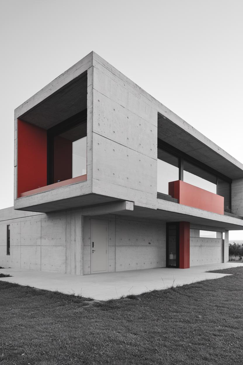 Modern concrete house with red accents