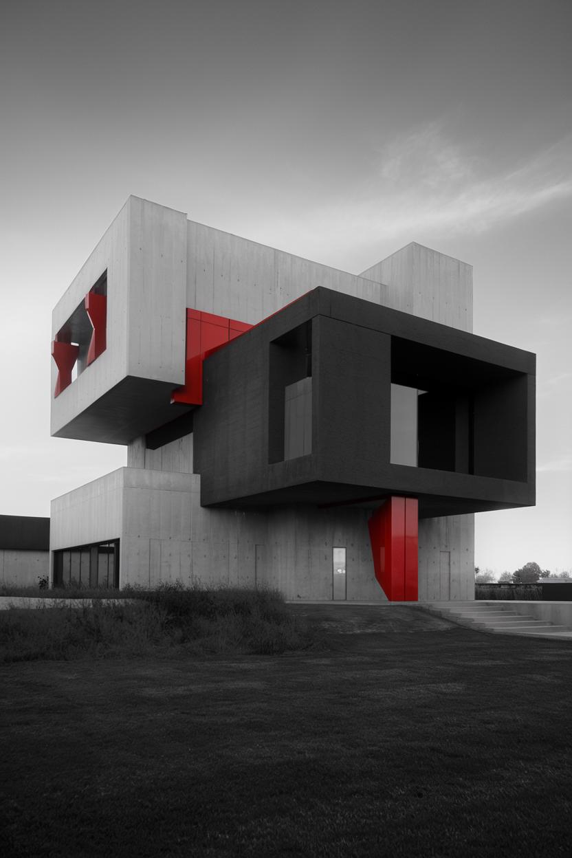 Blocky house with red accents and unique design